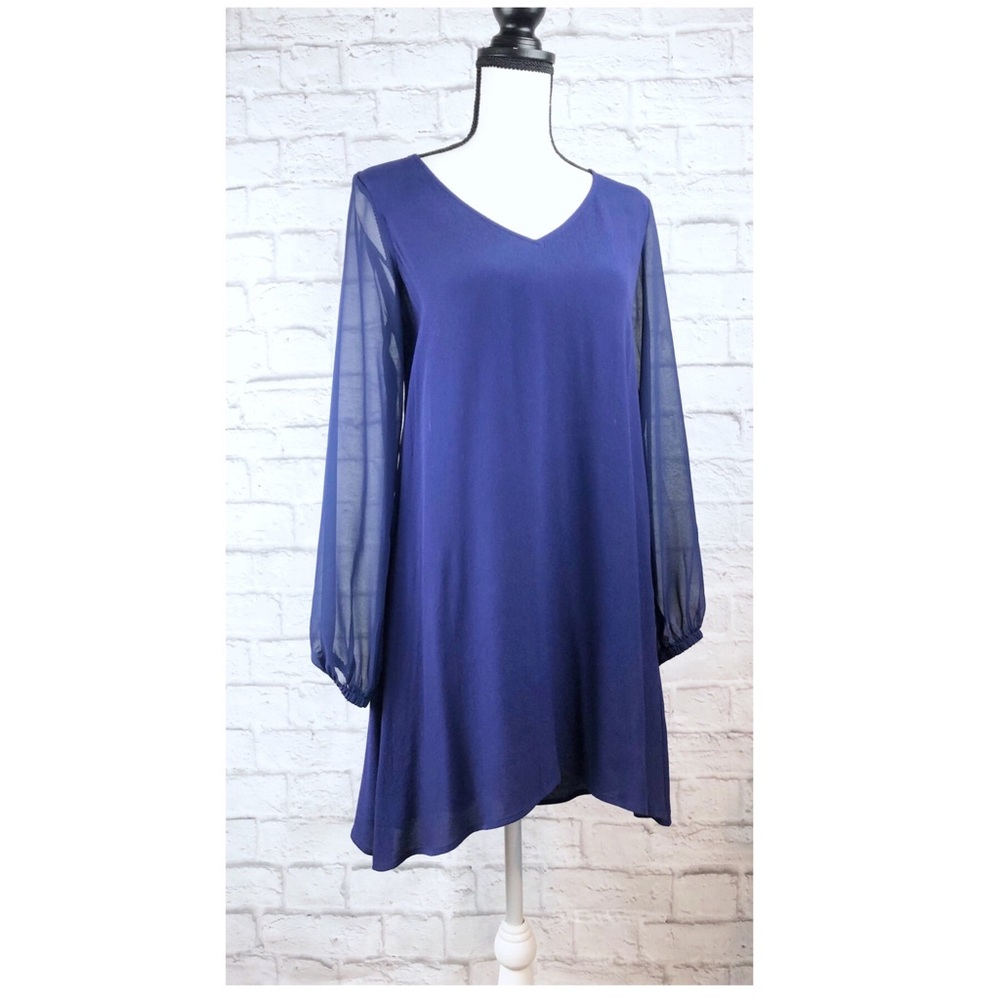 Express Royal Blue Sheer Sleeve Dress - Picture 1 of 8